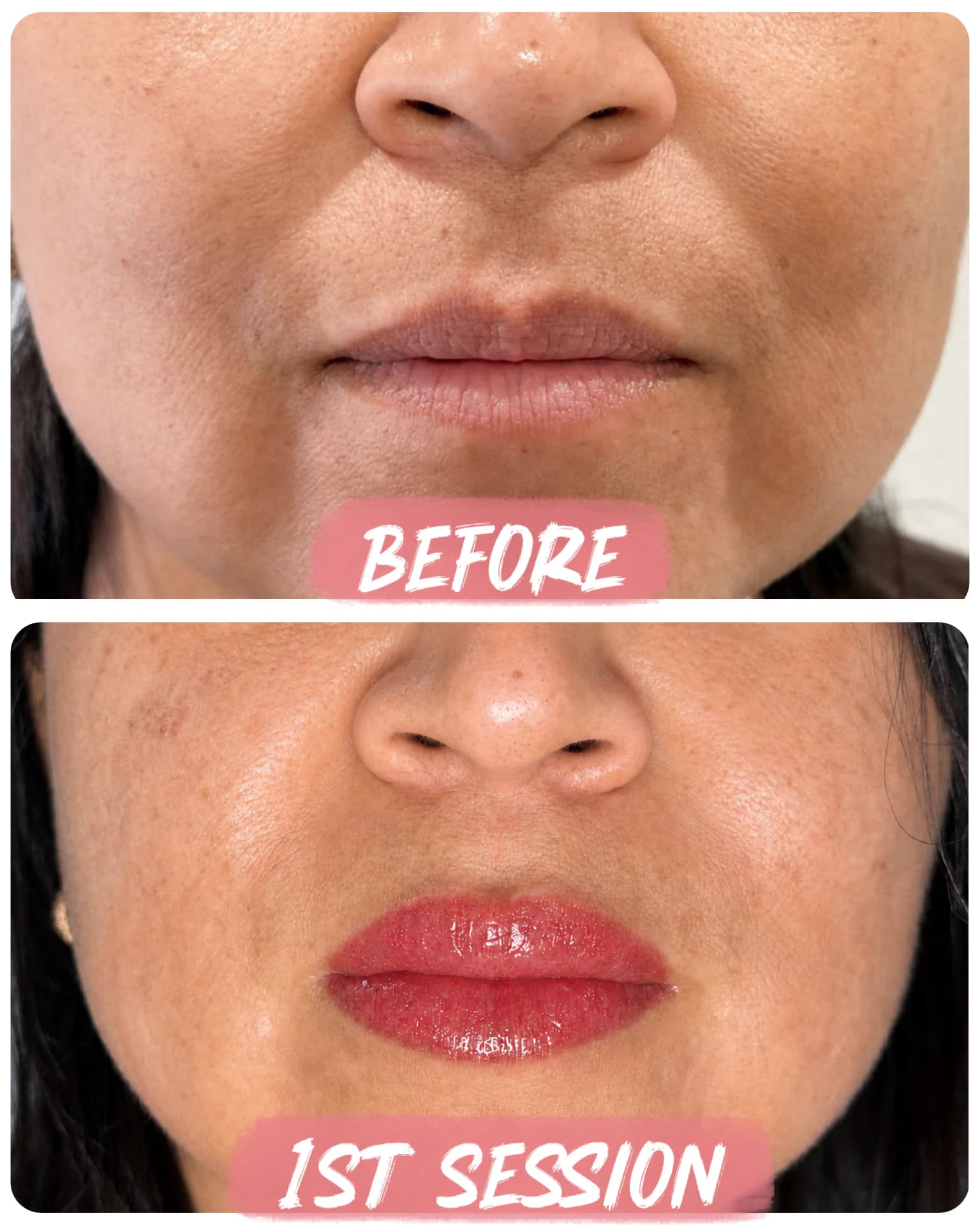 Before-and-after lip blush comparison showing natural lip tone before and brighter rose color after the first session.